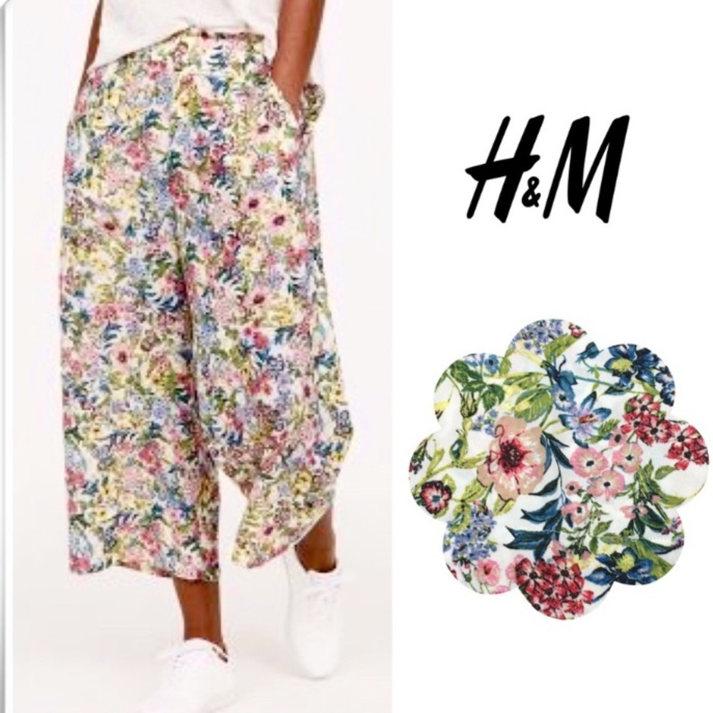 H&M Floral Cropped Wide-Leg Pants in White, Pink, Blue & Green